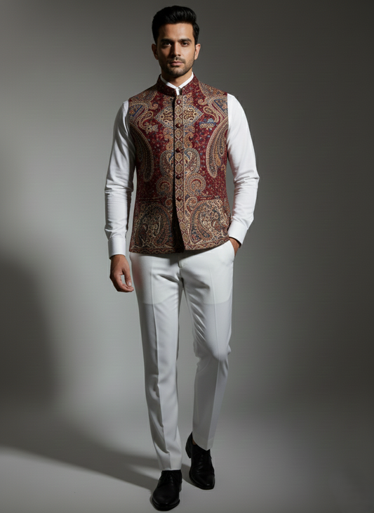KRITI Men's Kani Nehru Jacket | Traditional Kashmiri Paisley Print Modi Vest | Ethnic Indian Waistcoat for Wedding, Festival, and Formal Wear
