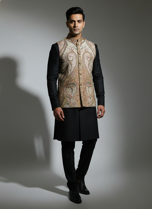 KRITI Men's Kani Nehru Jacket | Traditional Kashmiri Paisley Print Modi Vest | Ethnic Indian Waistcoat for Wedding, Festival, and Formal Wear