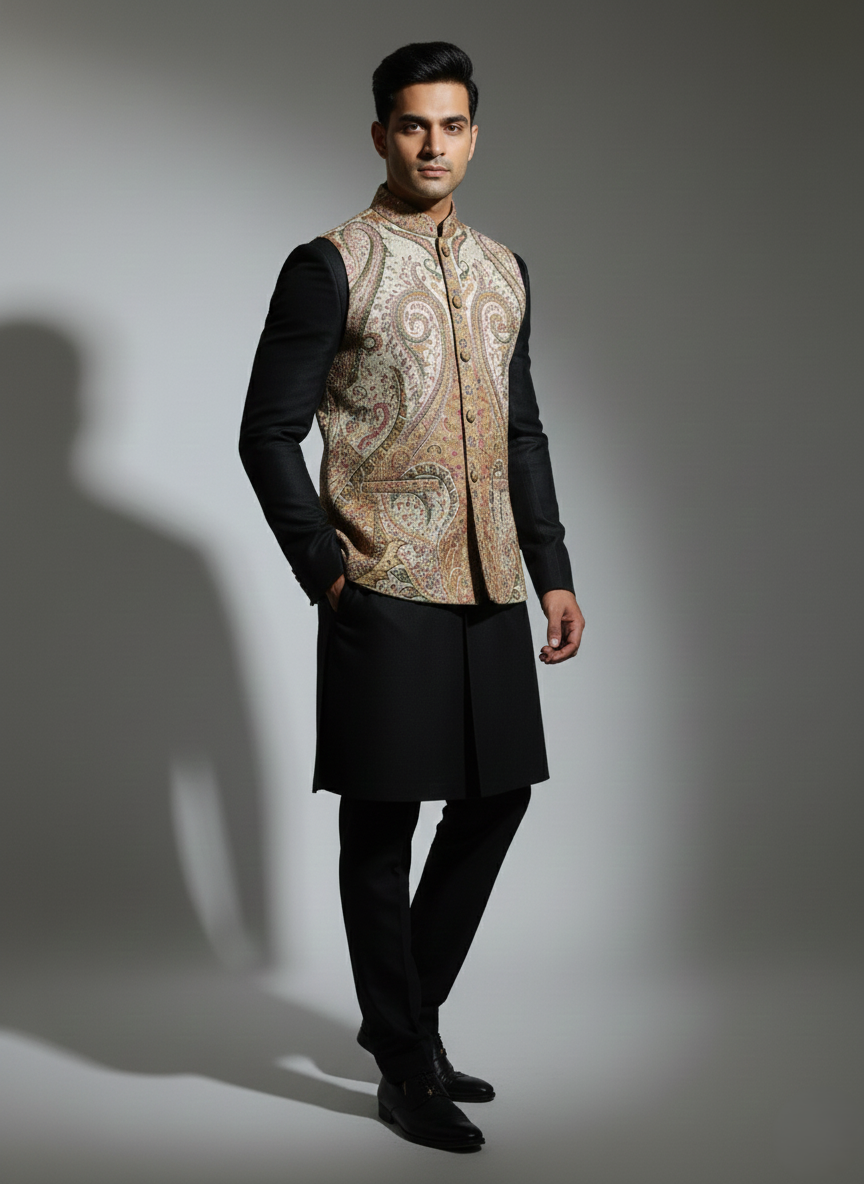 KRITI Men's Kani Nehru Jacket | Traditional Kashmiri Paisley Print Modi Vest | Ethnic Indian Waistcoat for Wedding, Festival, and Formal Wear