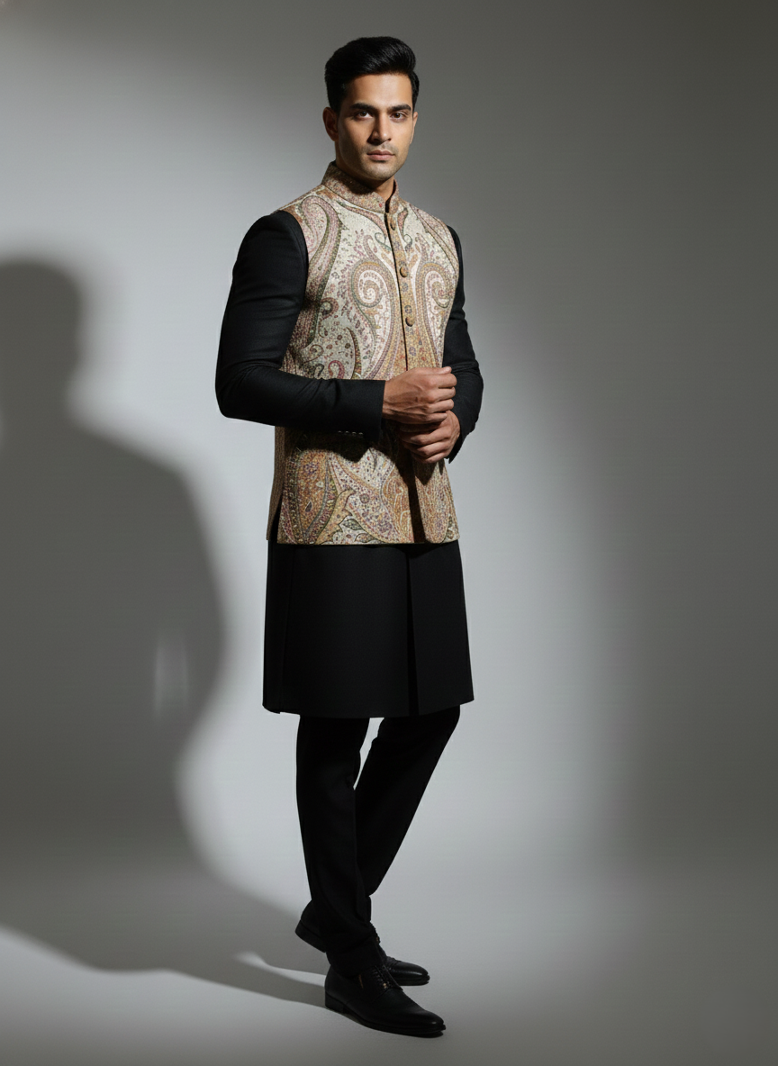 KRITI Men's Kani Nehru Jacket | Traditional Kashmiri Paisley Print Modi Vest | Ethnic Indian Waistcoat for Wedding, Festival, and Formal Wear