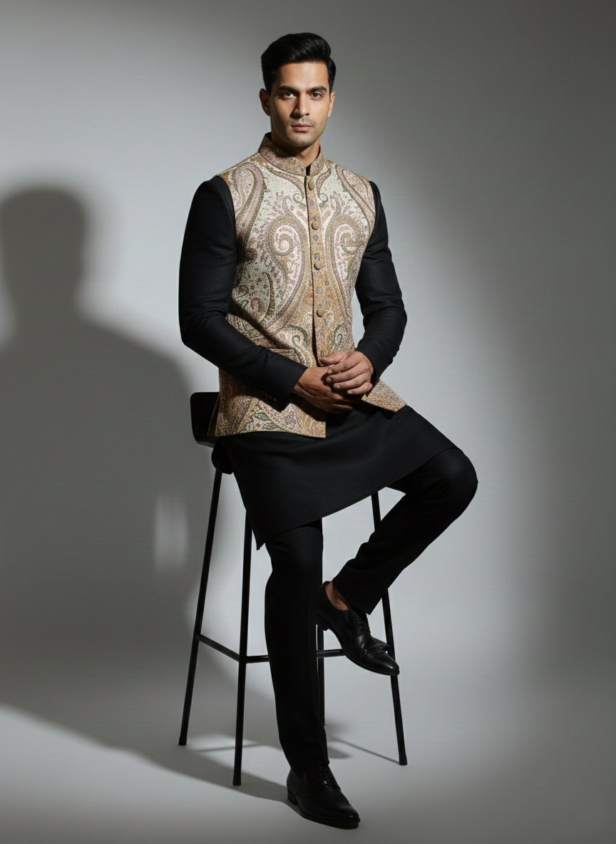 KRITI Men's Kani Nehru Jacket | Traditional Kashmiri Paisley Print Modi Vest | Ethnic Indian Waistcoat for Wedding, Festival, and Formal Wear