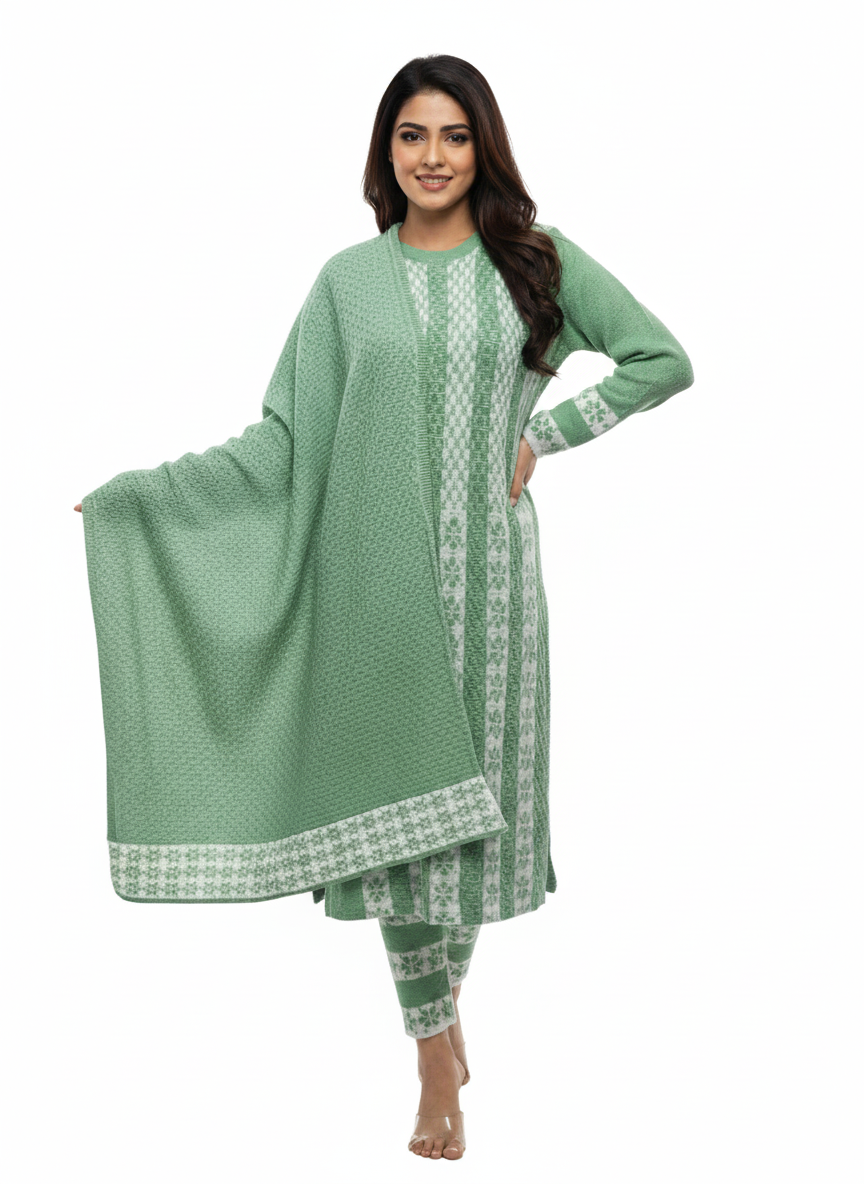 KRITI Winter Embroidery 3 Piece Kurti Set Green Color For Women