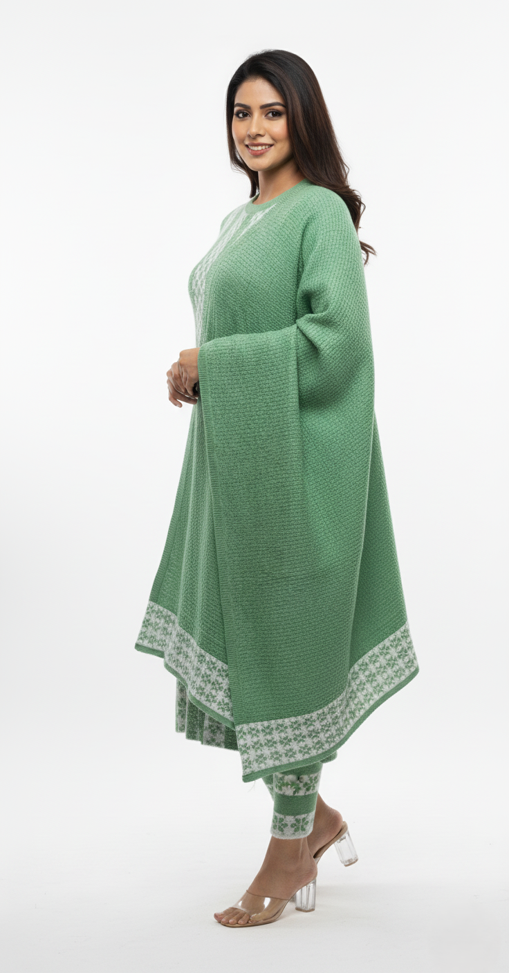 KRITI Winter Embroidery 3 Piece Kurti Set Green Color For Women