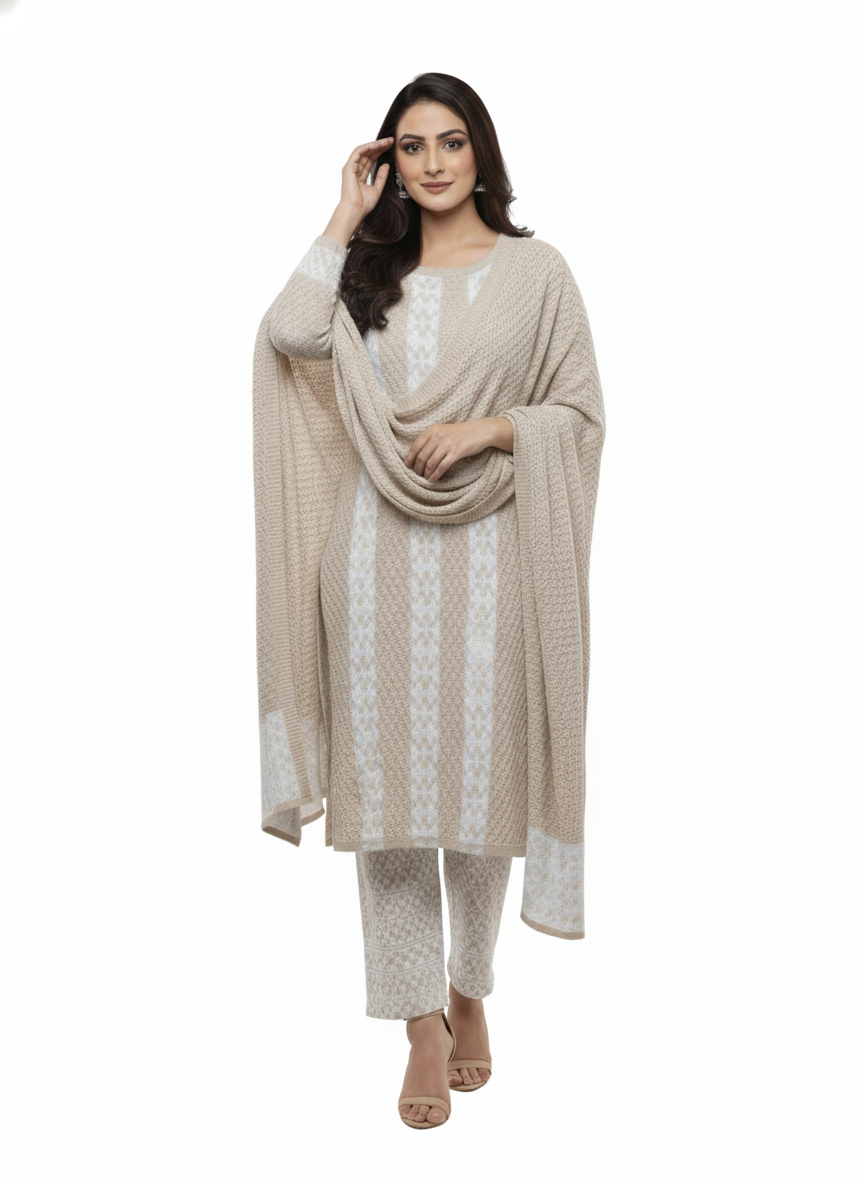 KRITI Winter 3 Piece Kurti Set Beige And White Color For Women