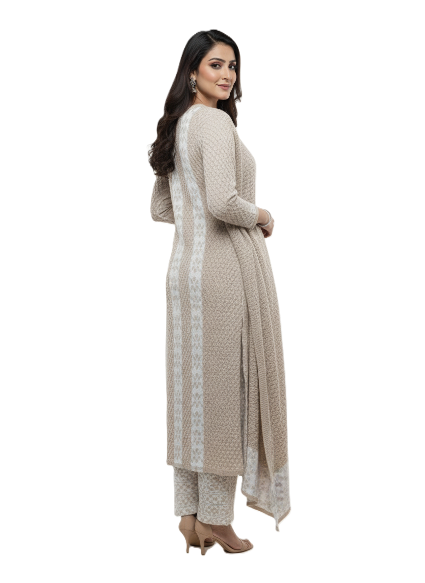 KRITI Winter 3 Piece Kurti Set Beige And White Color For Women