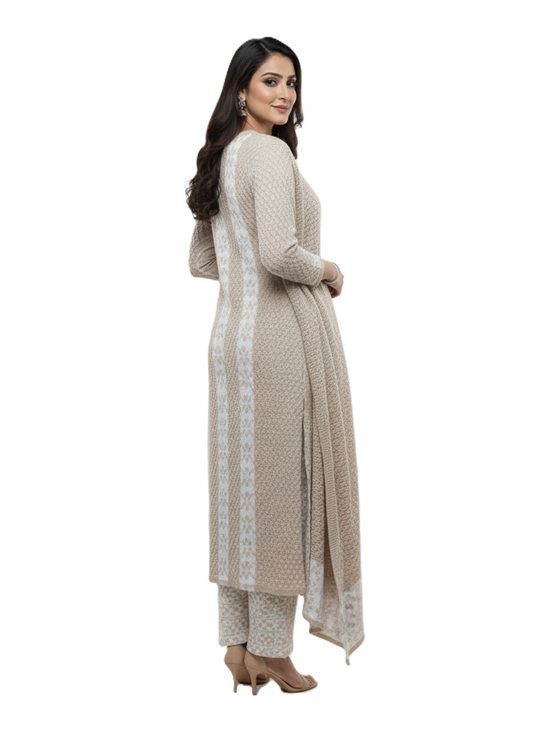 KRITI Winter 3 Piece Kurti Set Beige And White Color For Women