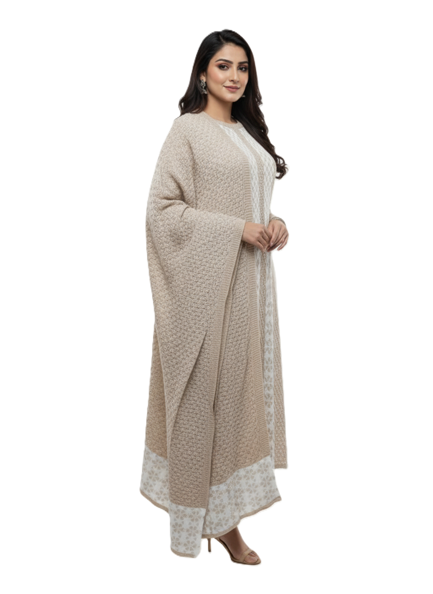 KRITI Winter 3 Piece Kurti Set Beige And White Color For Women