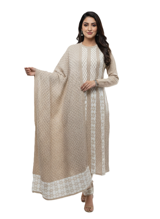 KRITI Winter 3 Piece Kurti Set Beige And White Color For Women