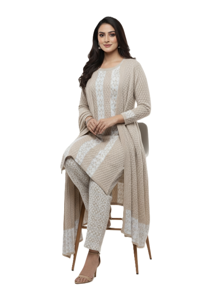 KRITI Winter 3 Piece Kurti Set Beige And White Color For Women