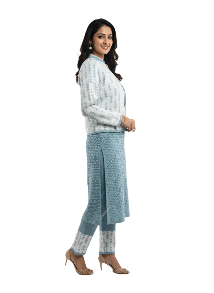 महिलाओं के लिए KRITI ऊनी 3 पीस कुर्ती सेट एक्वा कलर