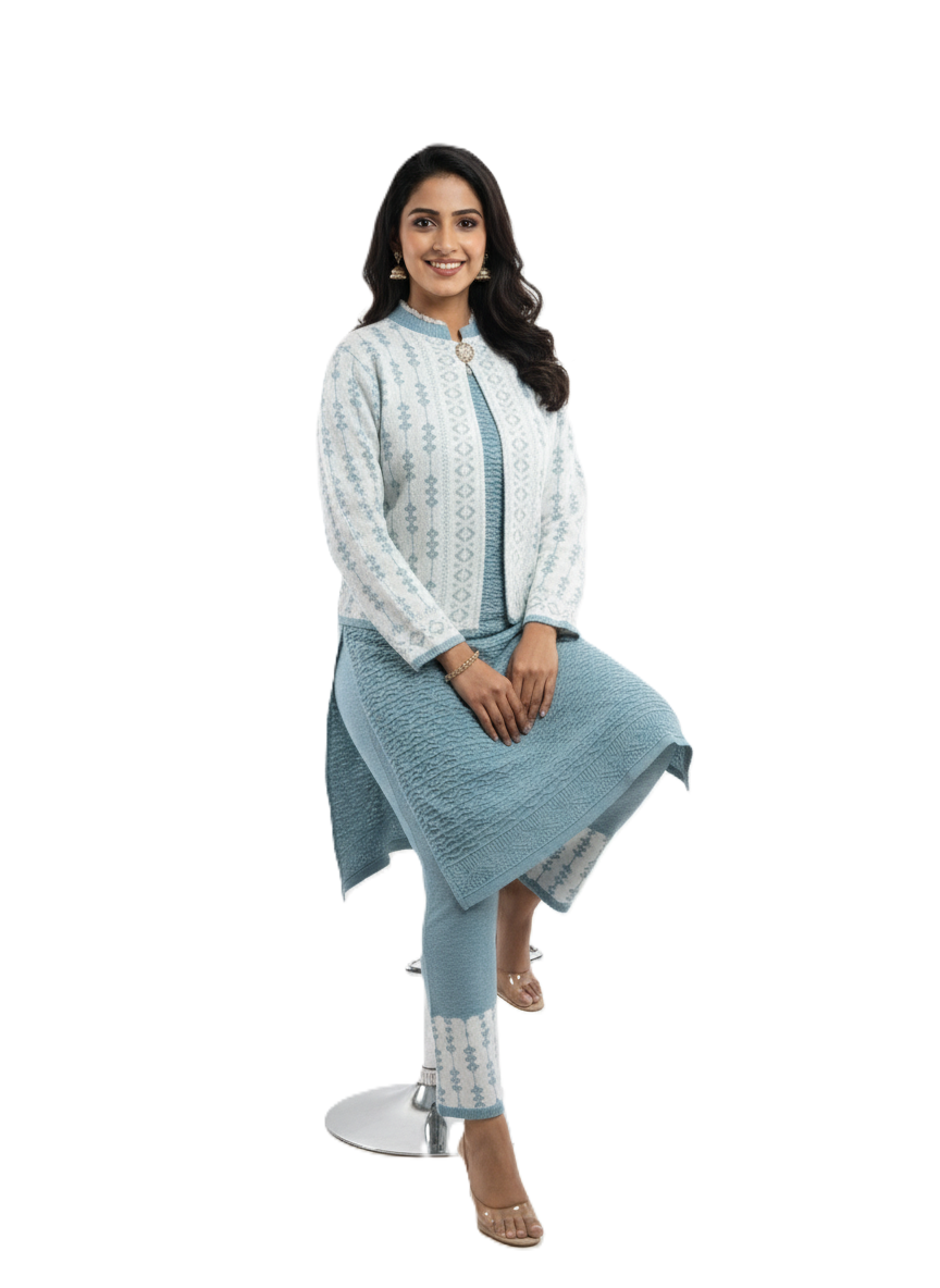 महिलाओं के लिए KRITI ऊनी 3 पीस कुर्ती सेट एक्वा कलर