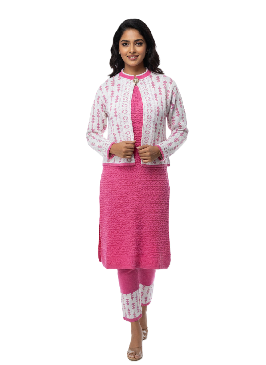 महिलाओं के लिए KRITI ऊनी 3 पीस कुर्ती सेट गहरे गुलाबी रंग