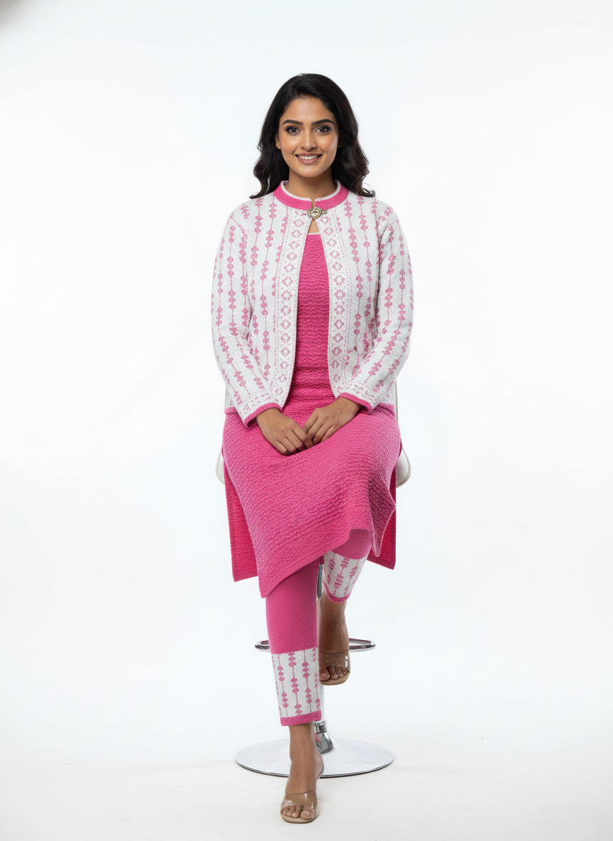 महिलाओं के लिए KRITI ऊनी 3 पीस कुर्ती सेट गहरे गुलाबी रंग