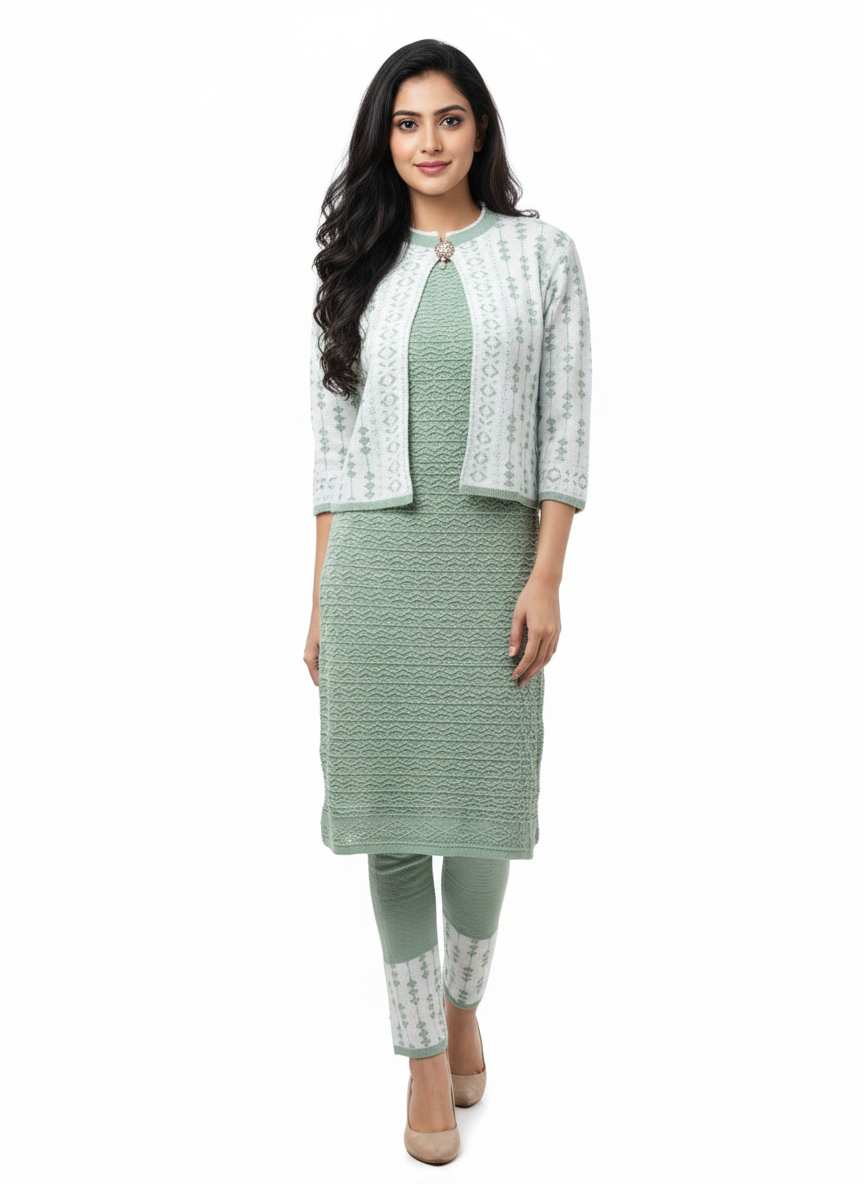महिलाओं के लिए KRITI ऊनी 3 पीस कुर्ती सेट हरा रंग