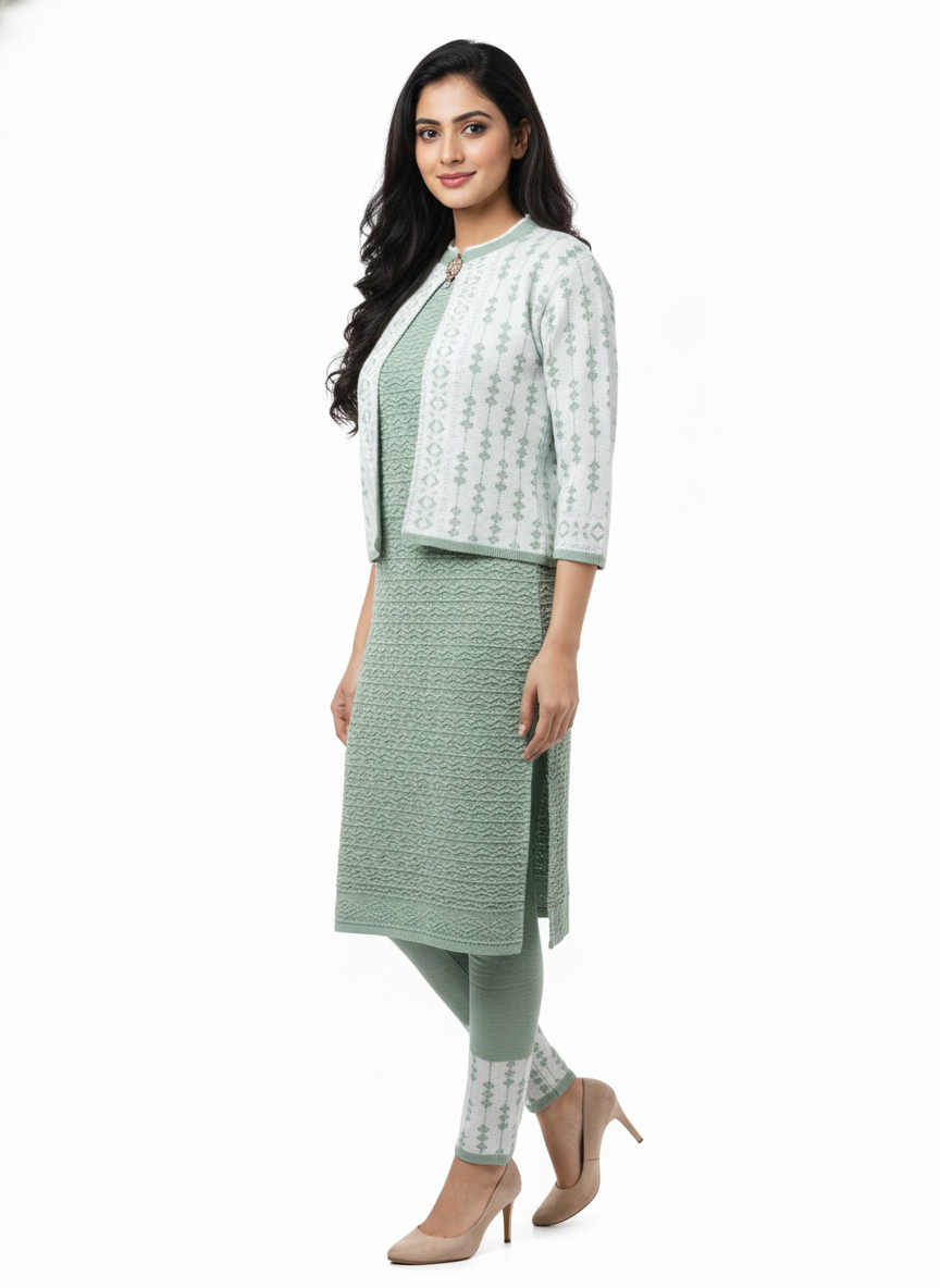 महिलाओं के लिए KRITI ऊनी 3 पीस कुर्ती सेट हरा रंग