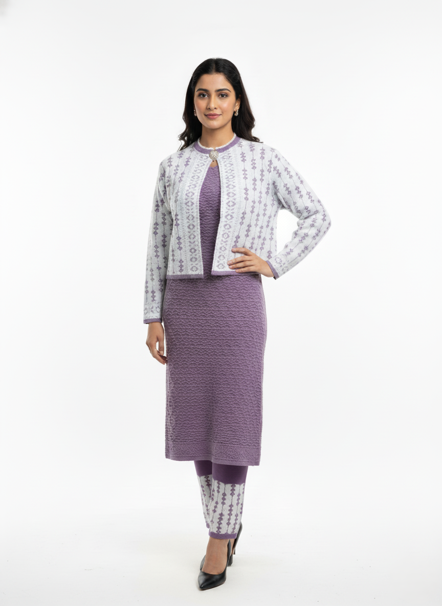Woollen 3 Piece Kurti Set with Jacket - Lavender