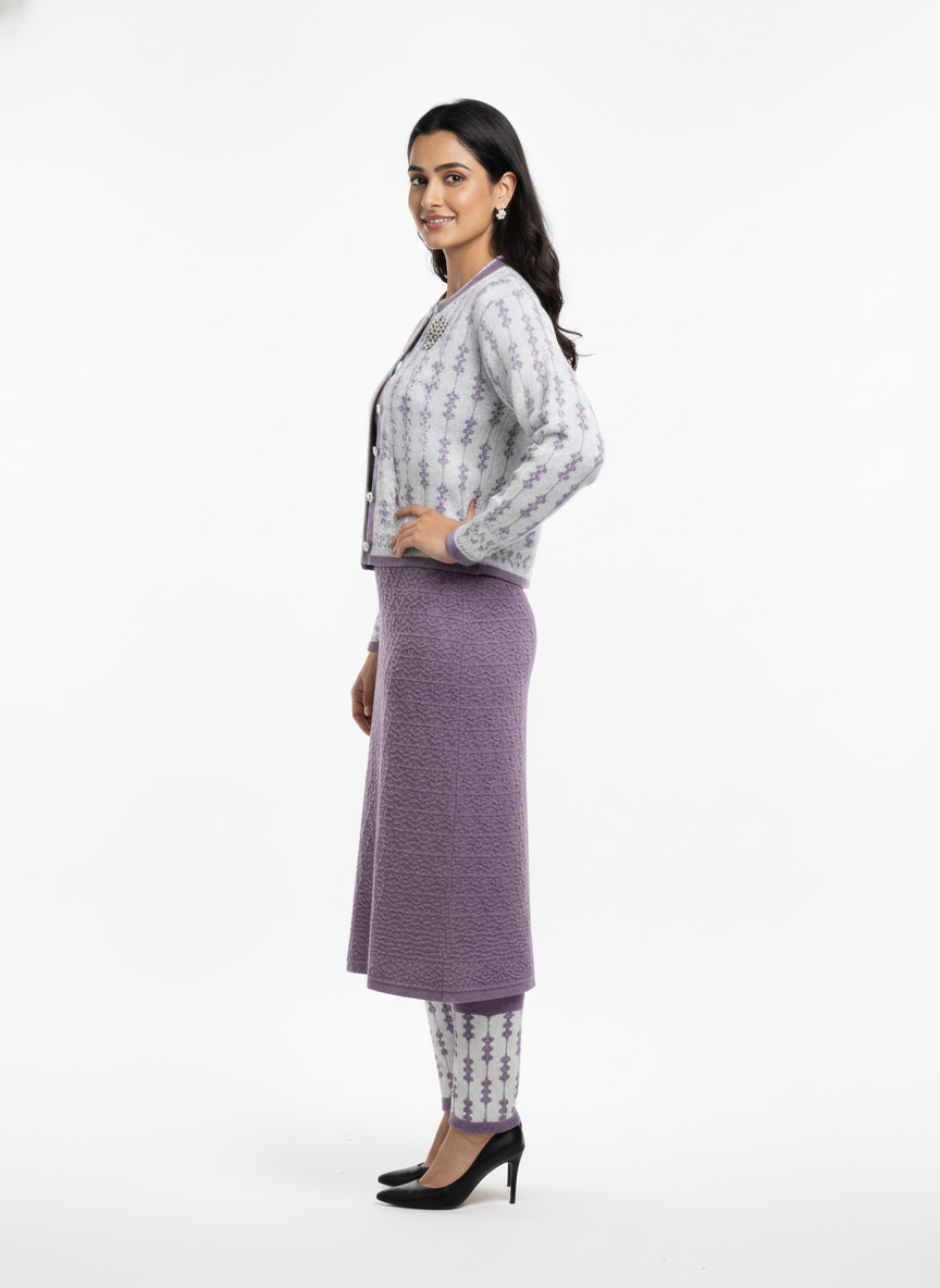 Woollen 3 Piece Kurti Set with Jacket - Lavender