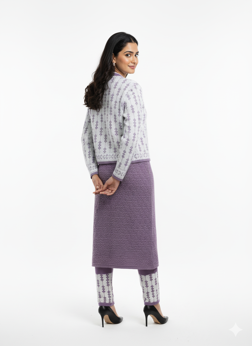 Woollen 3 Piece Kurti Set with Jacket - Lavender