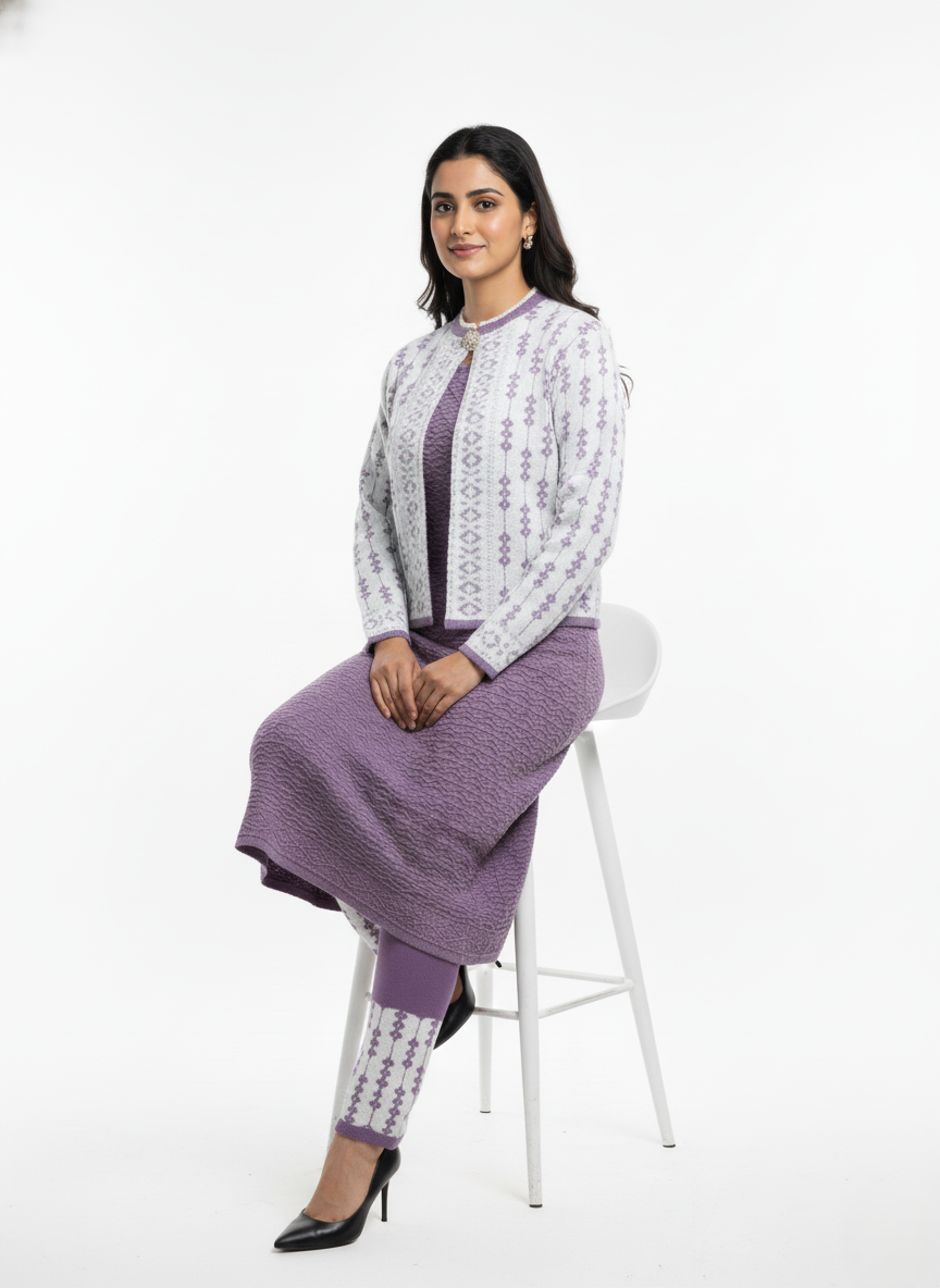 Woollen 3 Piece Kurti Set with Jacket - Lavender
