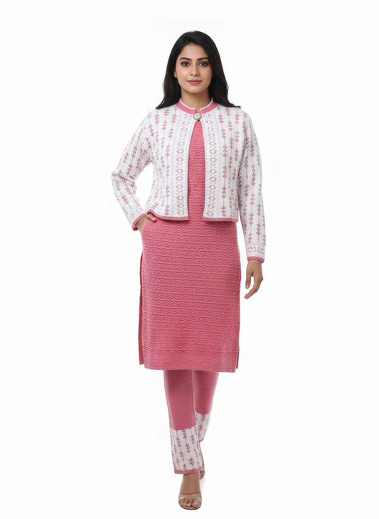 महिलाओं के लिए KRITI ऊनी 3 पीस कुर्ती सेट हल्के गुलाबी रंग