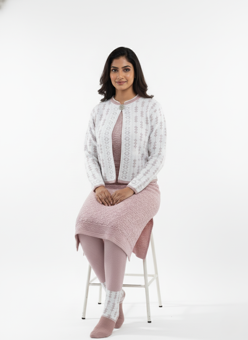 KRITI महिलाओं के लिए 3 पीस कुर्ती सेट - जैकेट के साथ बुना हुआ हेयर फ़ैब्रिक