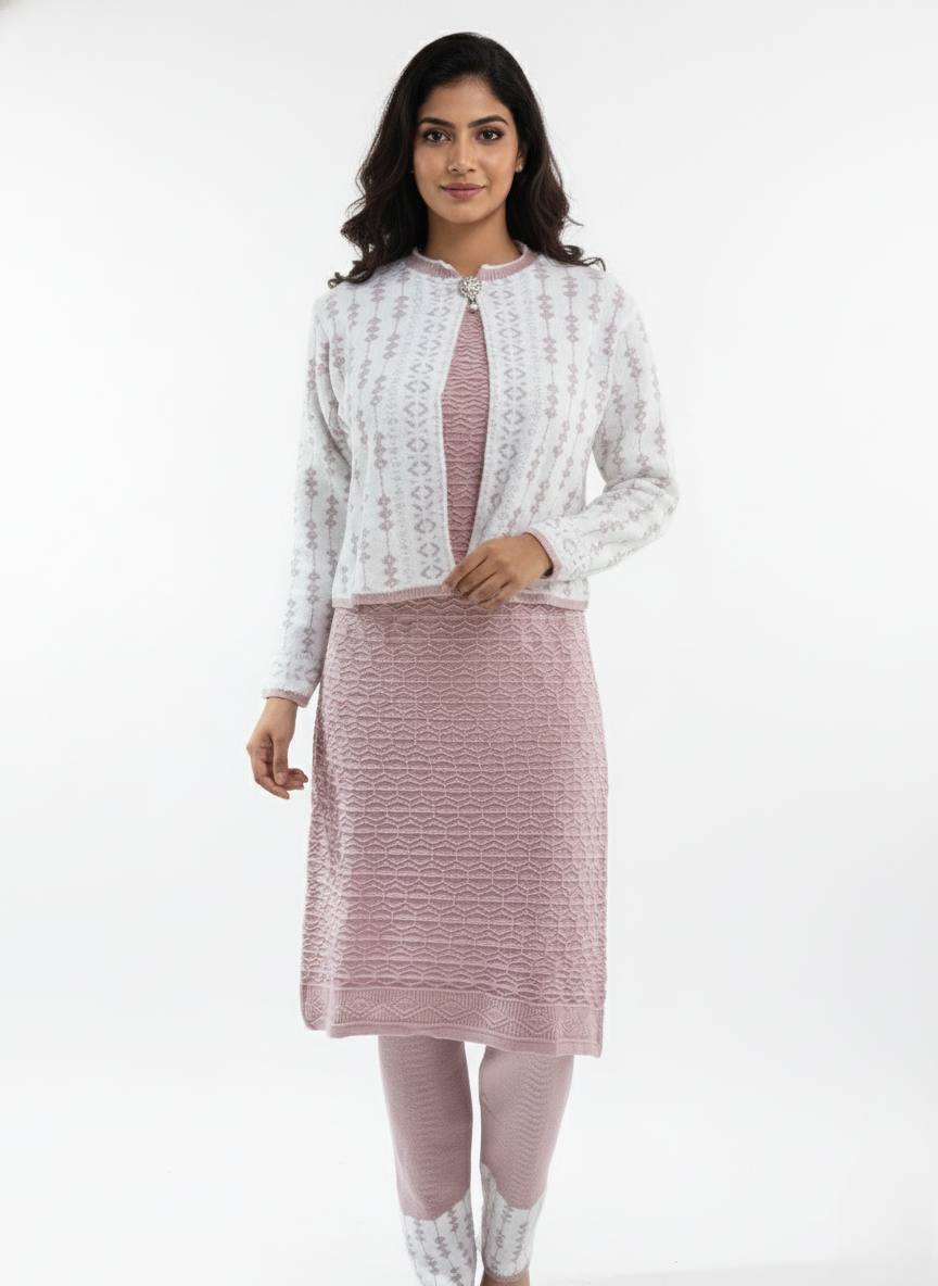 KRITI महिलाओं के लिए 3 पीस कुर्ती सेट - जैकेट के साथ बुना हुआ हेयर फ़ैब्रिक