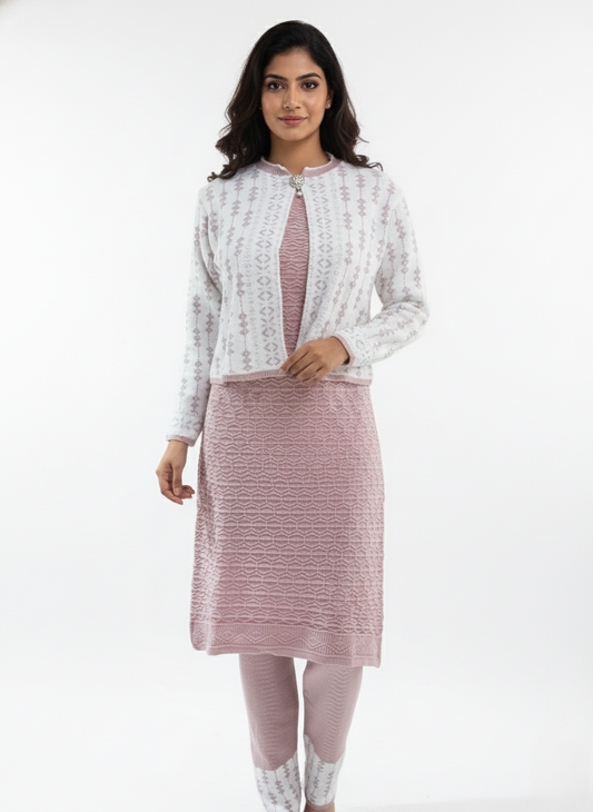 KRITI महिलाओं के लिए 3 पीस कुर्ती सेट - जैकेट के साथ बुना हुआ हेयर फ़ैब्रिक