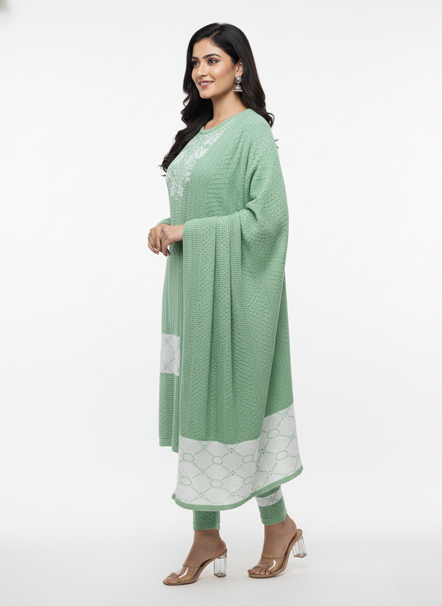 KRITI Embroidery Woolen 3 Piece Kurti Set Green Color For Women