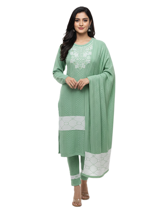KRITI Embroidery Woolen 3 Piece Kurti Set Green Color For Women
