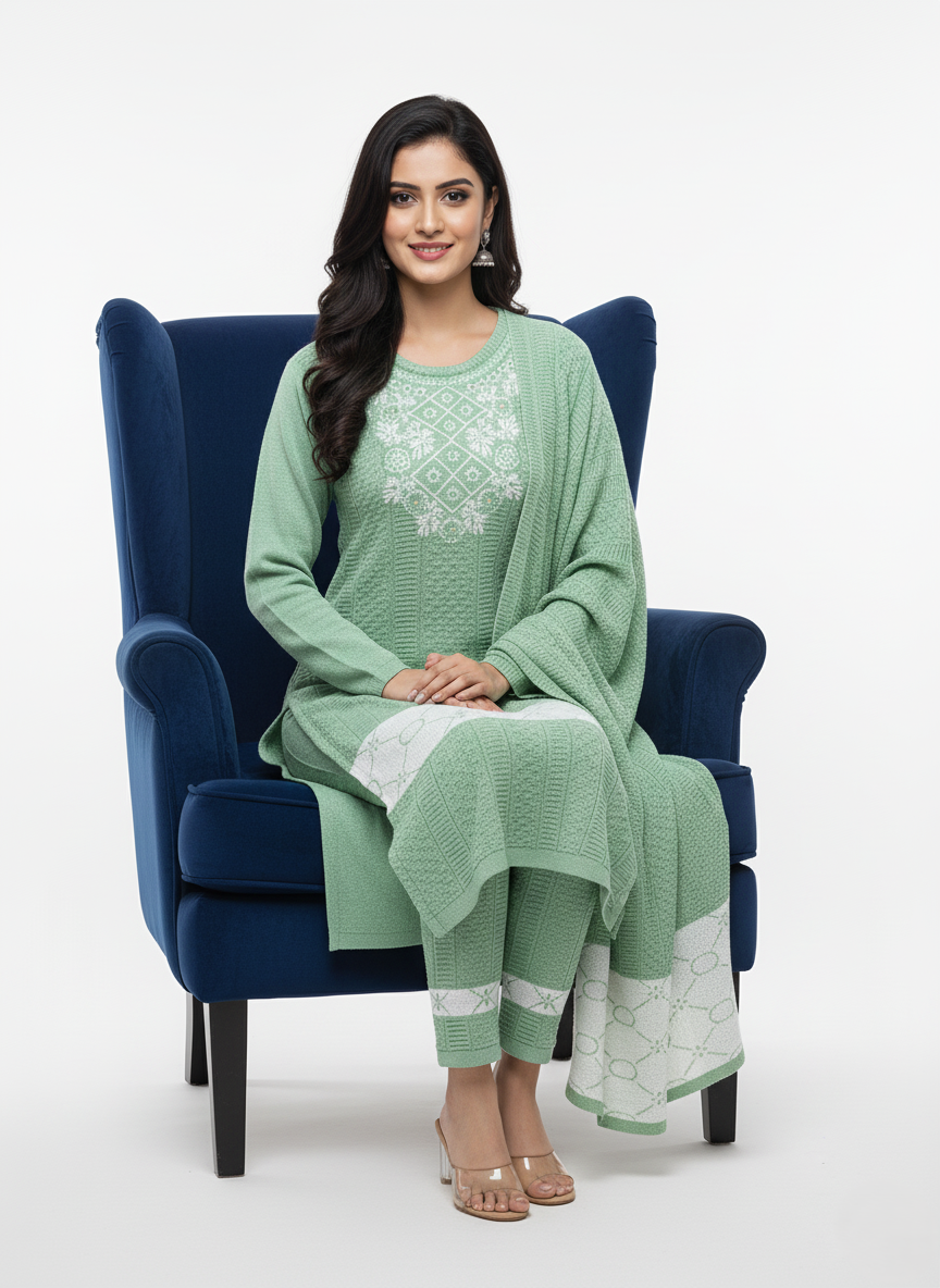 KRITI Embroidery Woolen 3 Piece Kurti Set Green Color For Women