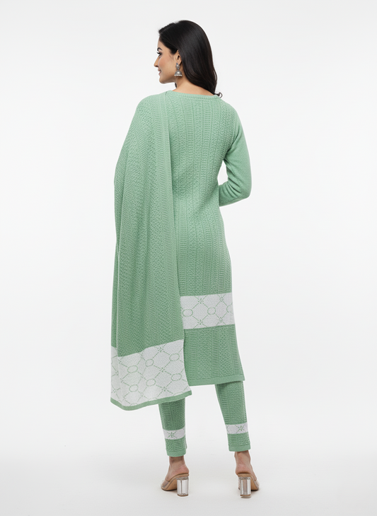KRITI Embroidery Woolen 3 Piece Kurti Set Green Color For Women