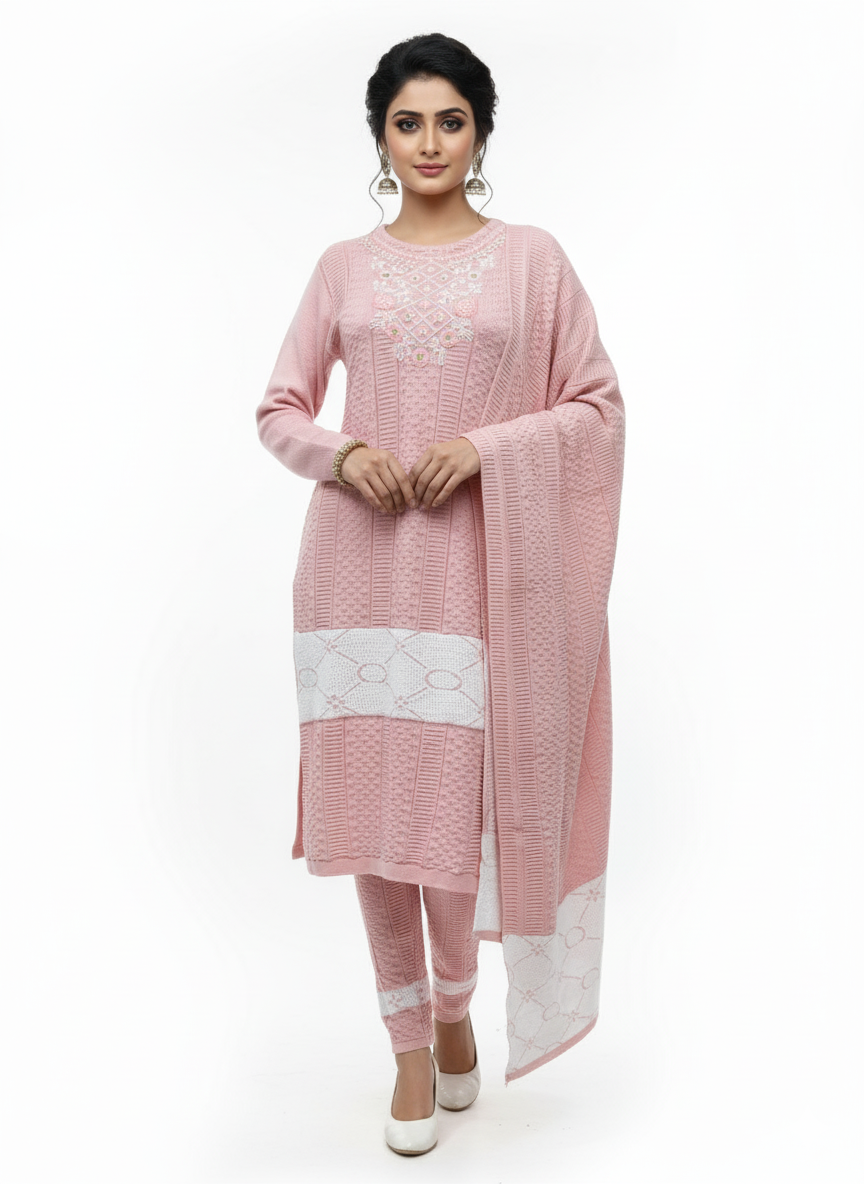 KRITI Embroidery Woolen 3 Piece Kurti Set Onion Color For Women