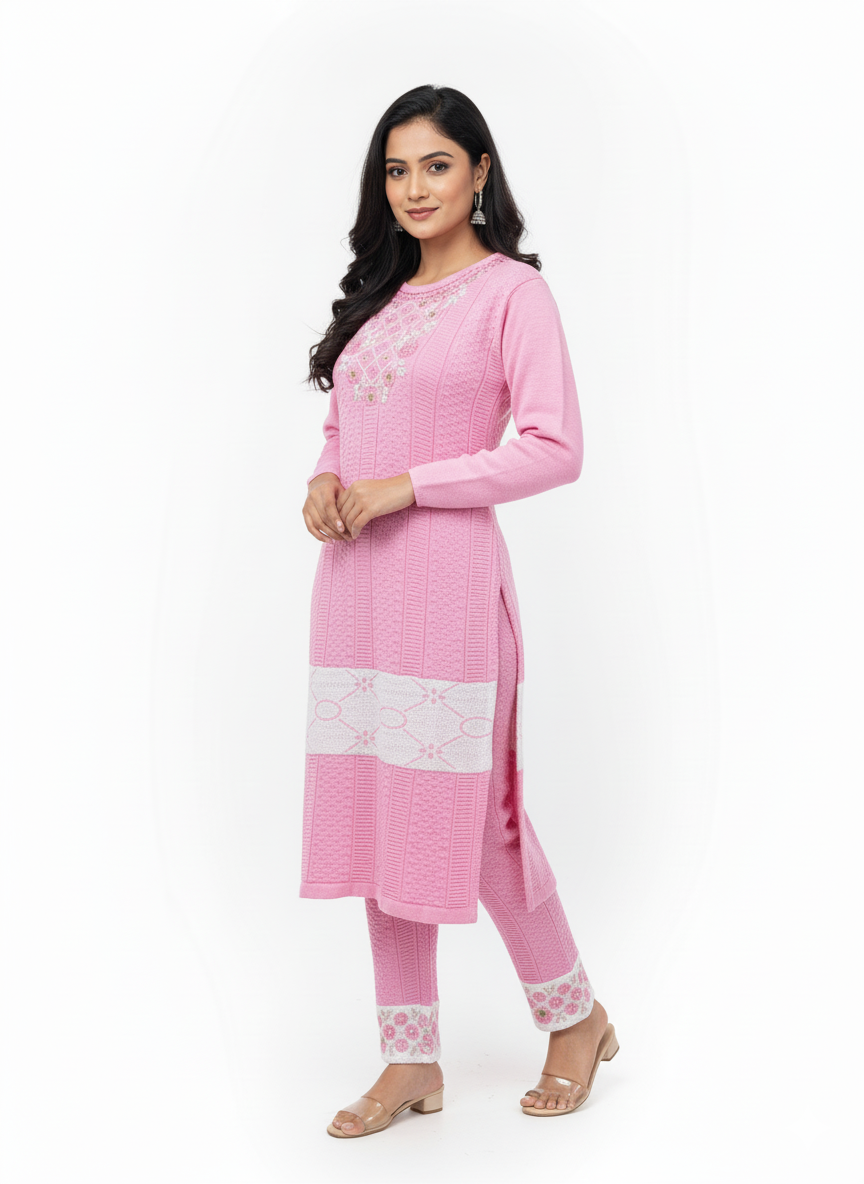 KRITI Embroidery Woolen 3 Piece Kurti Set Pink Color For Women
