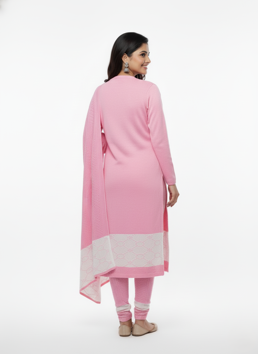 KRITI Embroidery Woolen 3 Piece Kurti Set Pink Color For Women