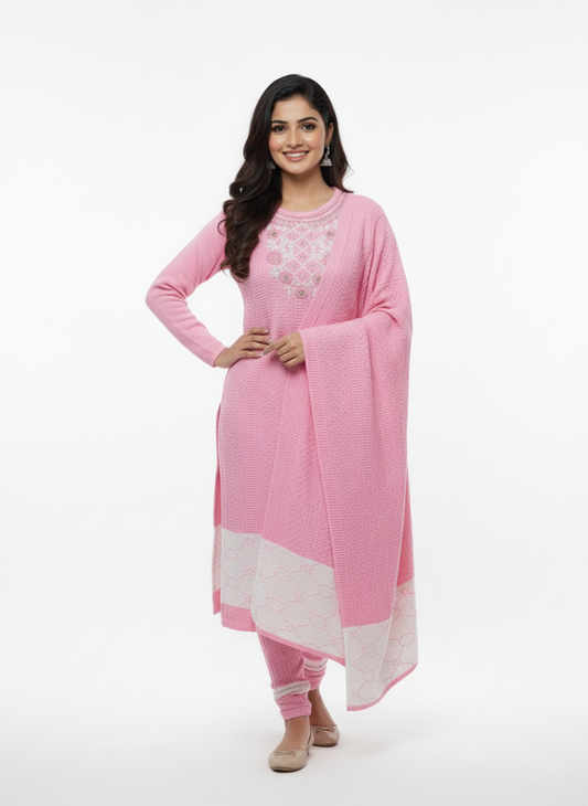 KRITI Embroidery Woolen 3 Piece Kurti Set Pink Color For Women