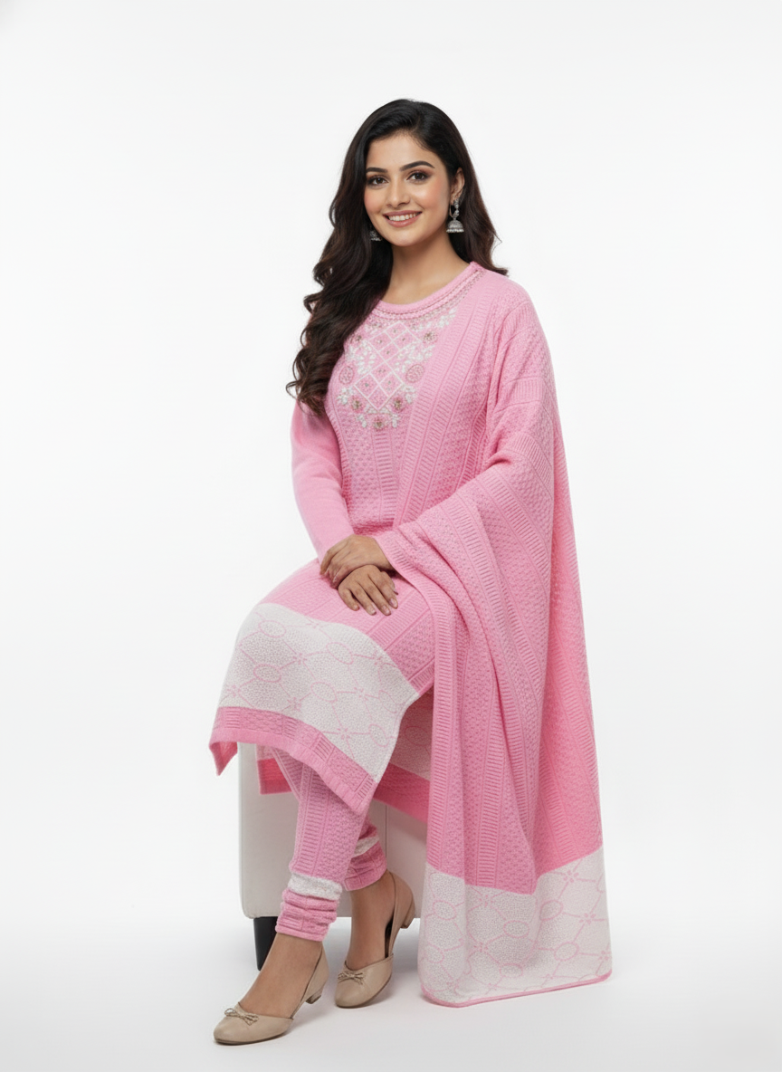 KRITI Embroidery Woolen 3 Piece Kurti Set Pink Color For Women