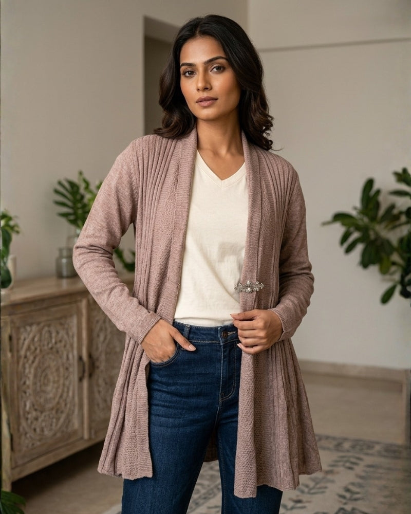 Winter Woolen Long Knitted Shrug - Beige