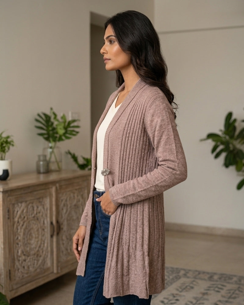 Winter Woolen Long Knitted Shrug - Beige