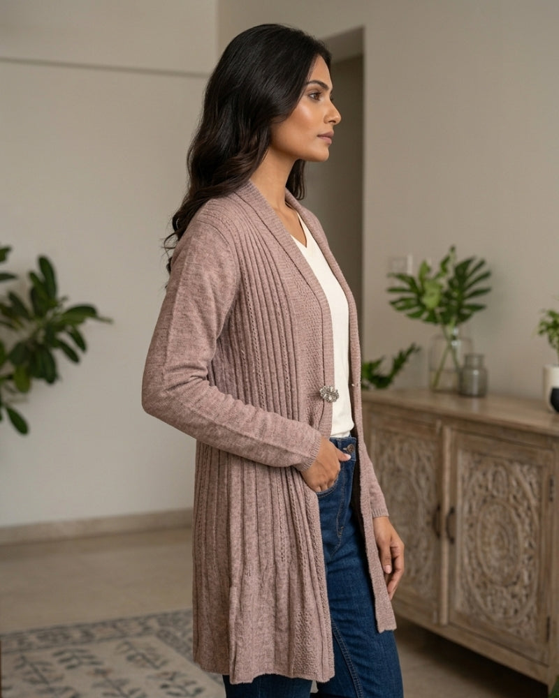 Winter Woolen Long Knitted Shrug - Beige