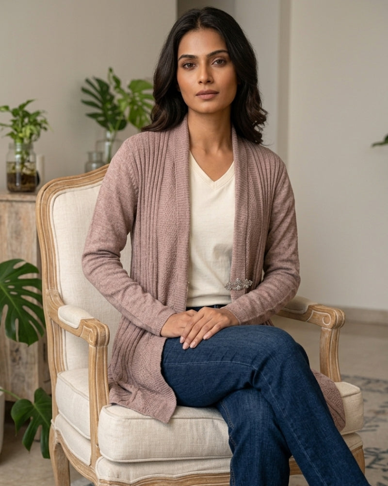 Winter Woolen Long Knitted Shrug - Beige