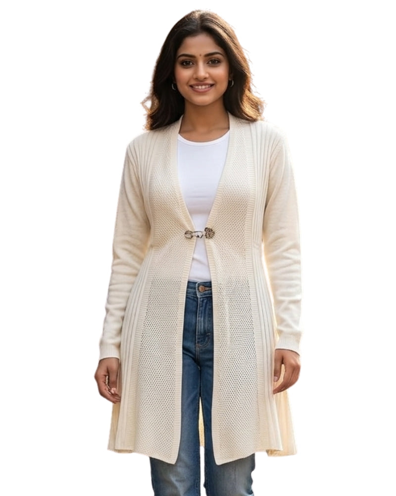 Winter Woolen Long Knitted Shrug - Cream