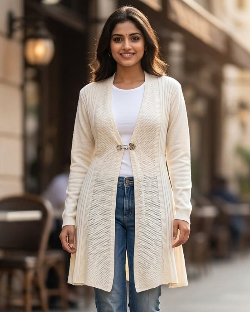 Winter Woolen Long Knitted Shrug - Cream