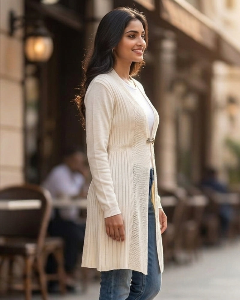 Winter Woolen Long Knitted Shrug - Cream