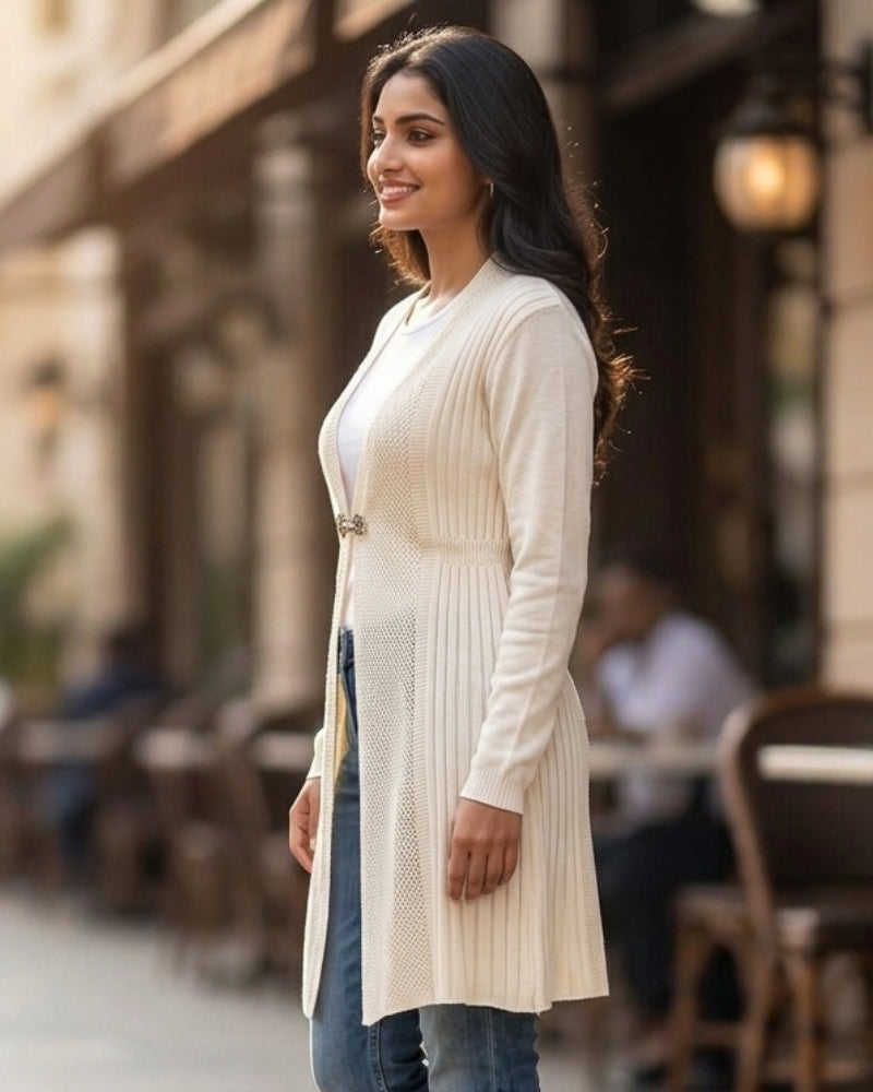 Winter Woolen Long Knitted Shrug - Cream