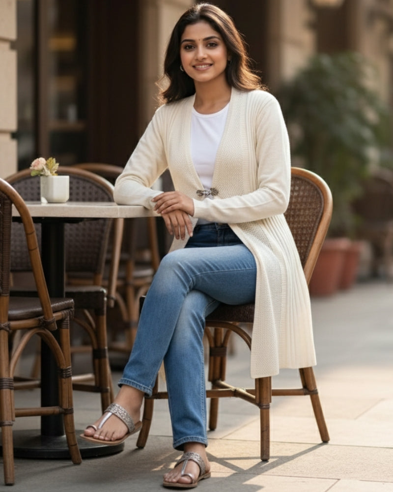 Winter Woolen Long Knitted Shrug - Cream