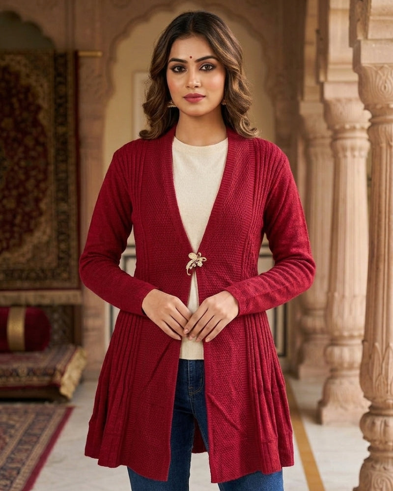 Winter Woolen Long Knitted Shrug - Maroon