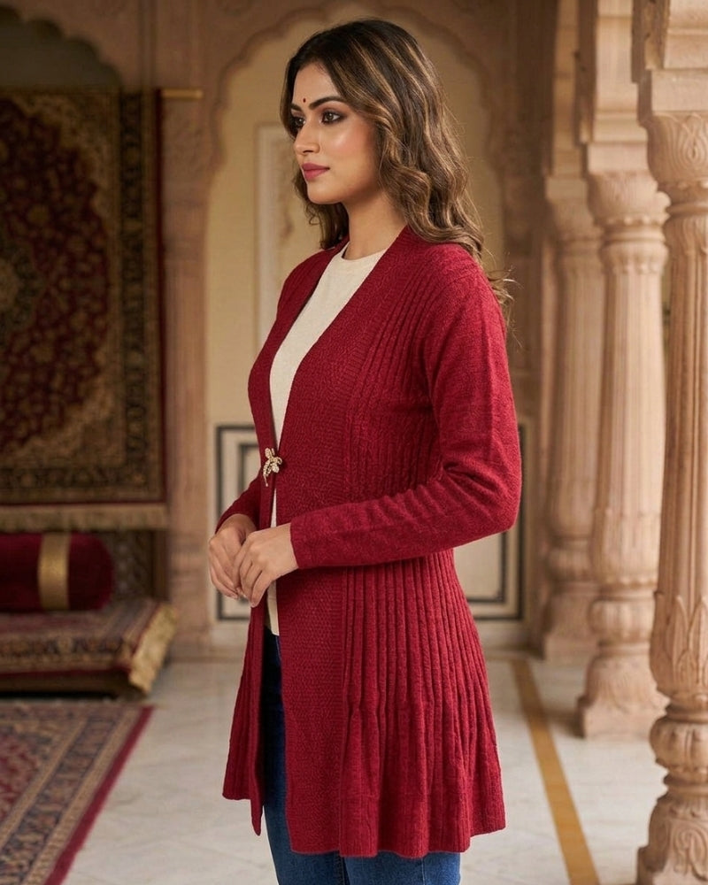 Winter Woolen Long Knitted Shrug - Maroon