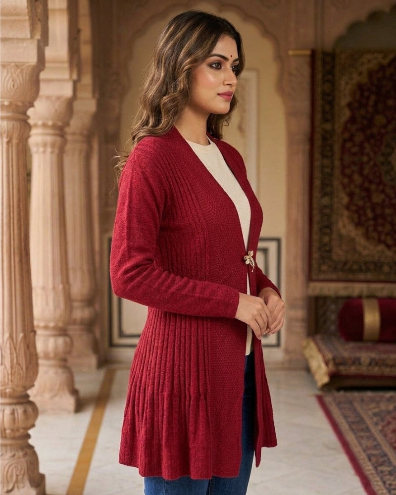 Winter Woolen Long Knitted Shrug - Maroon