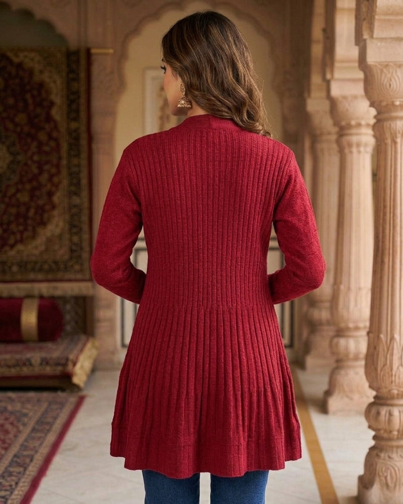 Winter Woolen Long Knitted Shrug - Maroon