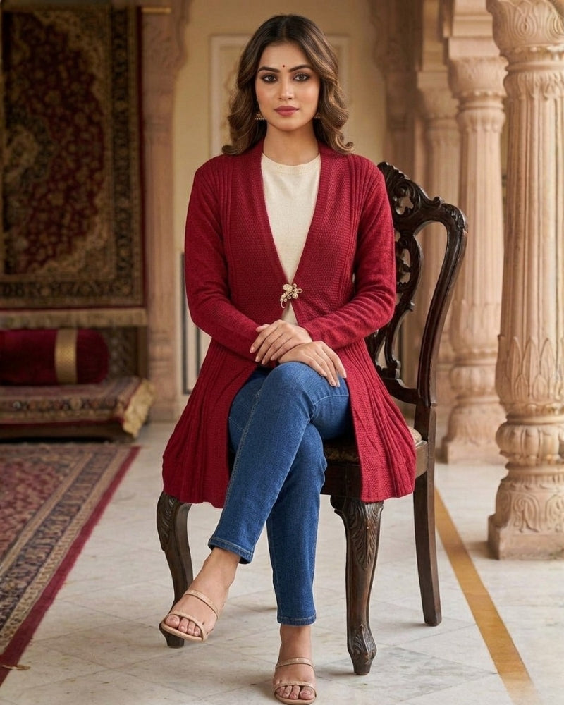 Winter Woolen Long Knitted Shrug - Maroon